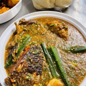 Okro Soup with Semo (Fish and Chicken)