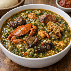 Okro Soup with Semo (Mixed Protein Option)