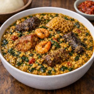 Egusi Soup with Semo (Mixed Protein Option)